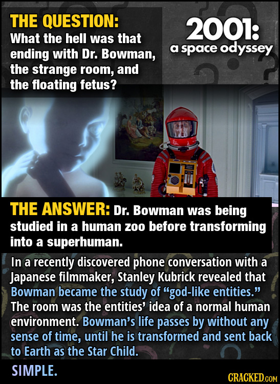 THE QUESTION: 2001: What the hell was that odyssey ending with Dr. Bowman, a space the strange room, and the floating fetus? THE ANSWER: Dr. Bowman wa