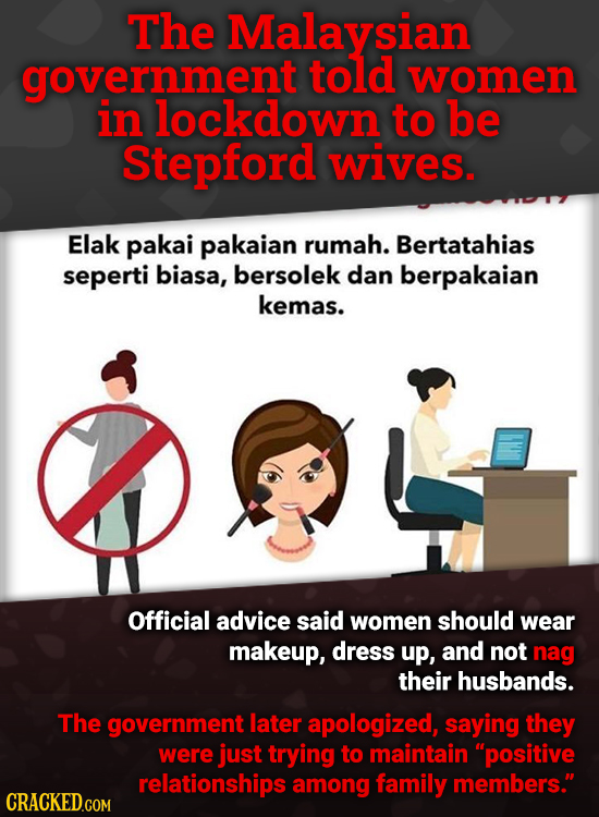 The Malaysian government tolld women in lockdown to be Stepford wives. Elak pakai pakaian rumah. Bertatahias seperti biasa, bersolek dan berpakaian ke