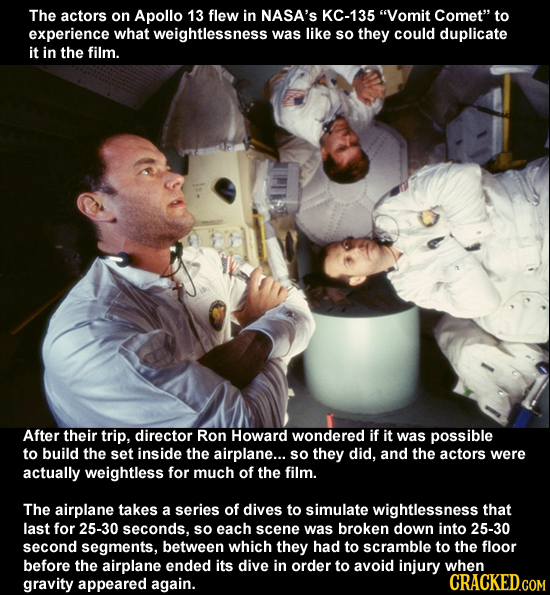 The actors on Apollo 13 flew in NASA's KC-135 Vomit Comet to experience what weightlessness was like sO they could duplicate it in the film. After t