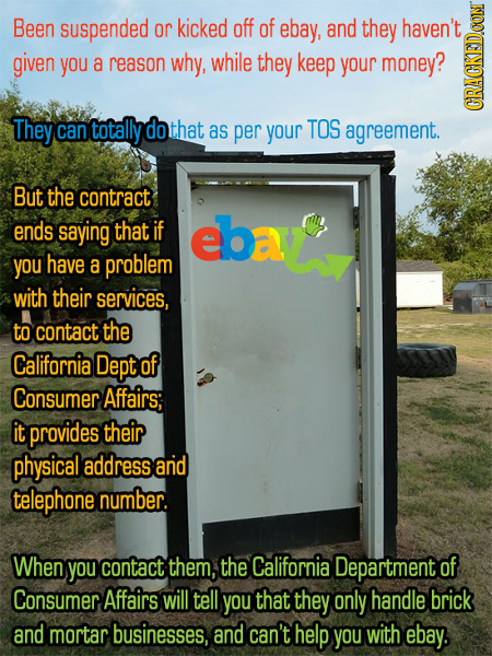 Been suspended or kicked off of ebay, and they haven't given you a reason why, while they keep your money? They can totally do that as per your TOS ag
