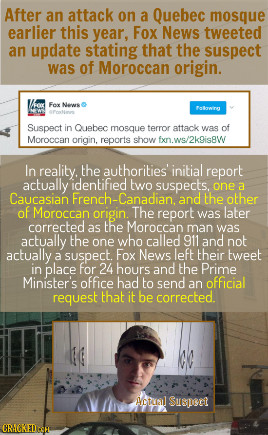 After an attack on a Quebec mosque earlier this year, Fox News tweeted an update stating that the suspect was of Moroccan origin. V/FOX Fox News Follo