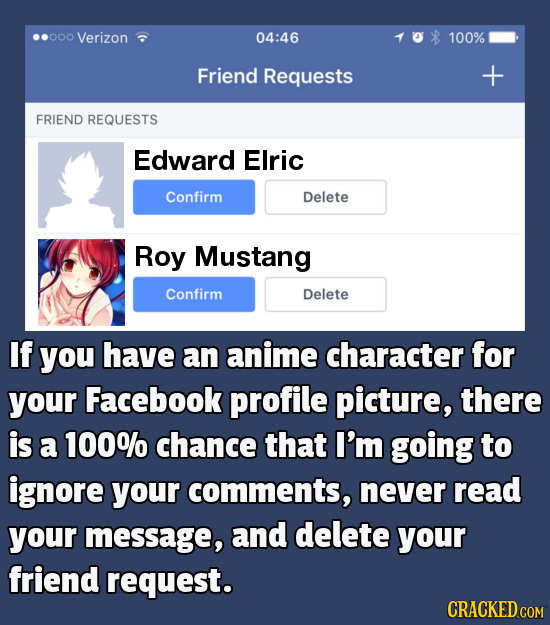 000 Verizon 04:46 100% Friend Requests + FRIEND REQUESTS Edward Elric Confirm Delete Roy Mustang Confirm Delete If you have an anime character for you