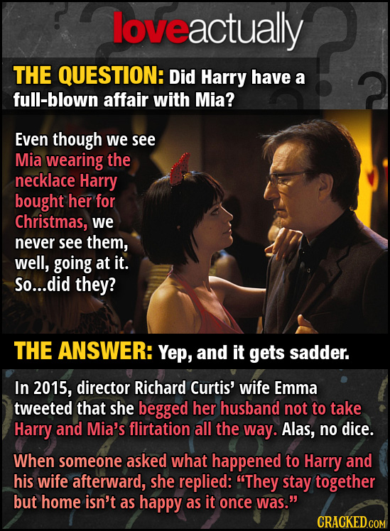 loveactually THE QUESTION: Did Harry have a ? full-blown affair with Mia? Even though we see Mia wearing the necklace Harry bought her for Christmas,