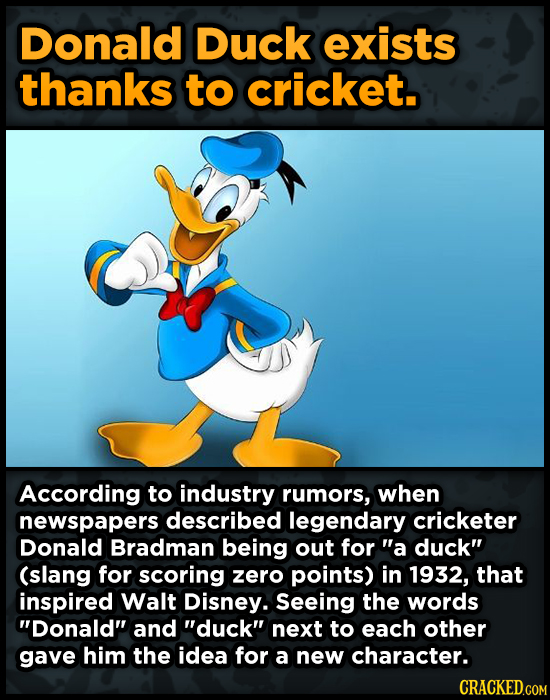 Donald Duck exists thanks to cricket. According to industry rumors, when newspapers described legendary cricketer Donald Bradman being out for a duck