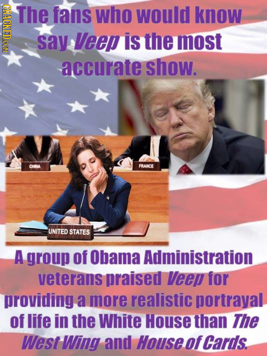 CRAOE The fans who would know say Veep is the most accurate show. CHHA FRANCE UNITED STATES A group of Obama Administration veterans praised Veep for 