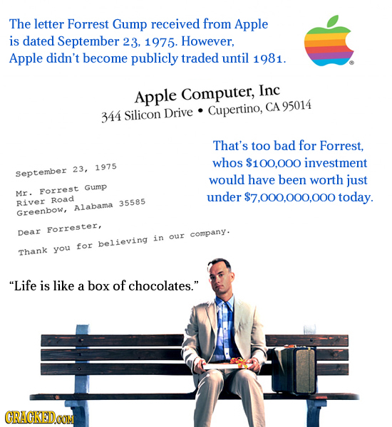 The letter Forrest Gump received from Apple is dated September 23, 1975. However, Apple didn't become publicly traded until 1981. Apple Computer, Inc
