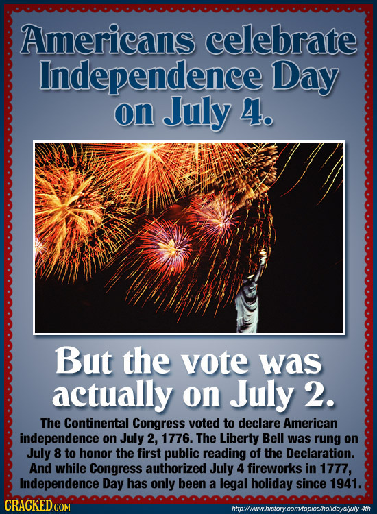 Americans celebrate Independence Day on July 4. But the vote was actually on July 2. The Continental Congress voted to declare American independence o