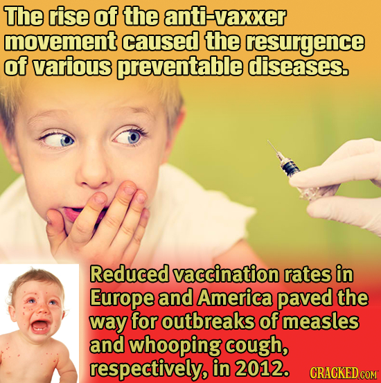 The rise of the nti-vaxxer movement caused the resurgence of various preventable diseases. Reduced vaccination rates in Europe and America paved the w