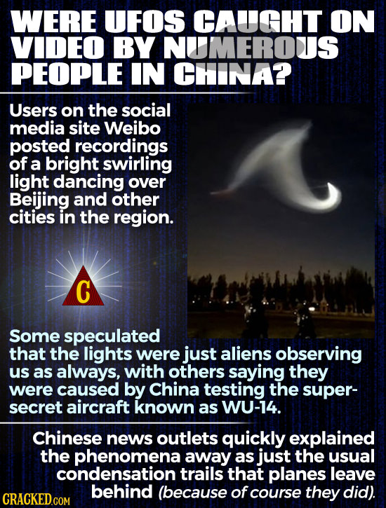 WERE UFOS CAUGHT ON VIDEO BY NITMEROUS PEOPLE IN CHINA? Users on the social media site Weibo posted recordings of a bright swirling light dancing over