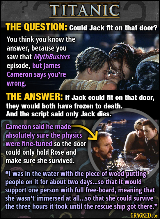 TITANIC THE QUESTION: Could Jack fit on that door? You think you know the answer, because you saw that MythBusters episode, but James Cameron says you