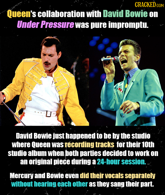 Queen's collaboration with David Bowie on Under Pressure was pure impromptu. David Bowie just happened to be by the studio where Queen was recording t