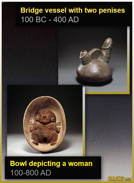 Bridge vessel with two penises 100 BC - 400 AD Bowl depicting a woman 100-800 AD