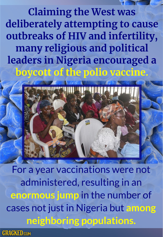 Claiming the West was deliberately attempting to cause outbreaks of HIV and infertility, many religious and political leaders in Nigeria encouraged a