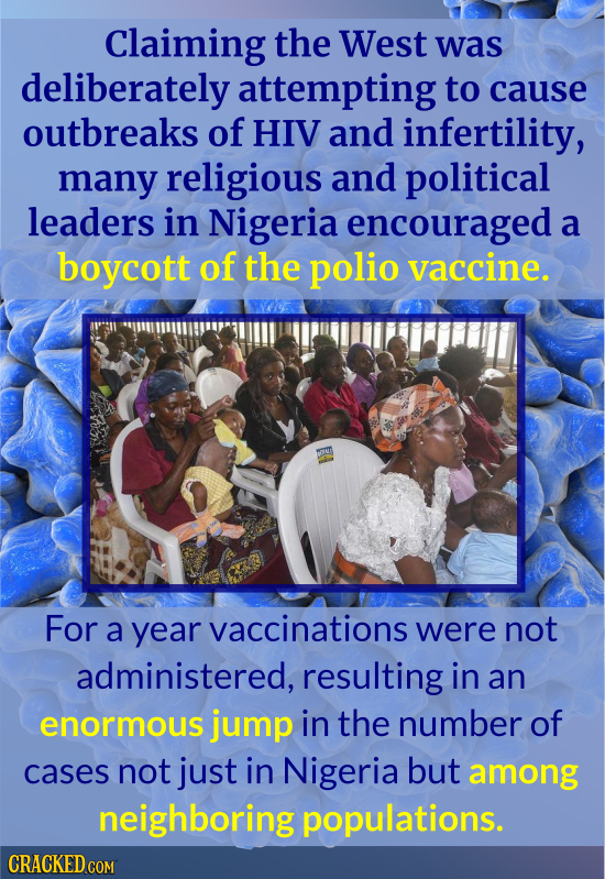 Claiming the West was deliberately attempting to cause outbreaks of HIV and infertility, many religious and political leaders in Nigeria encouraged a 