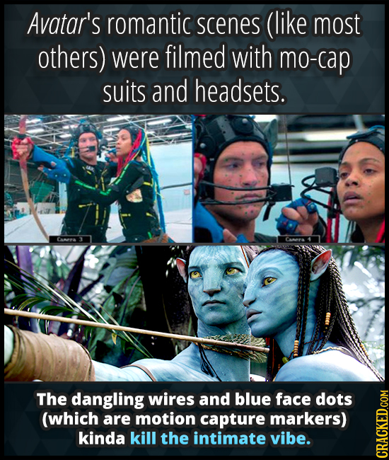 Avatar's romantic scenes (like most others) were filmed with mo-cap suits and headsets. 0E The dangling wires and blue face dots (which are motion cap