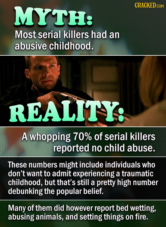 TH: CRACKED Most serial killers had an abusive childhood. REALITY: A whopping 70% of serial killers reported no child abuse. These numbers might inclu