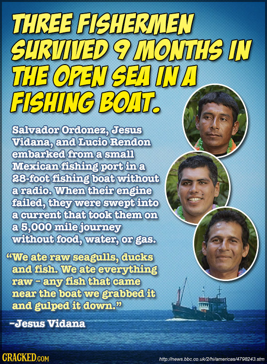 THREE FISHERMEN SURVIVED 9 MONTHS IN THE OPEN SEA INA FISHING BOAT. Salvador Ordonez, Jesus Vidana, and Lucio Rendon embarked from a small Mexican fis