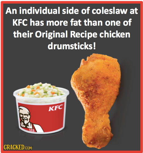 An individual side of coleslaw at KFC has more fat than one of their Original Recipe chicken drumsticks! KFC CRACKED COM 