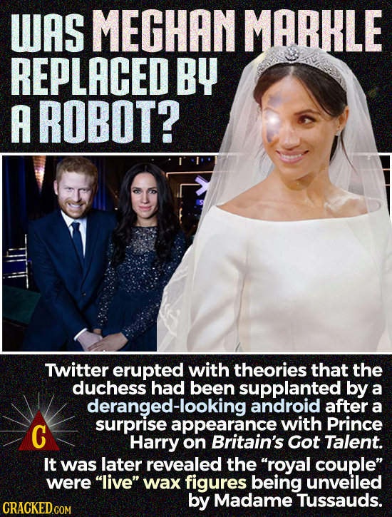 WAS MEGHAN MARKLE REPLACED BY A ROBOT? Twitter erupted with theories that the duchess had been supplanted by a deranged-looking android after a surpri