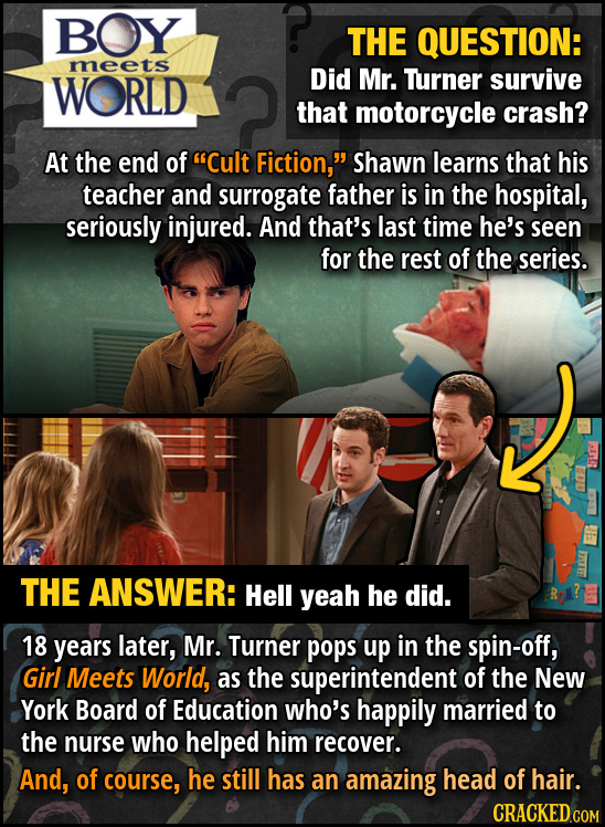 BOY THE QUESTION: meets WORLD Did Mr. Turner survive that motorcycle crash? At the end of Cult Fiction, Shawn learns that his teacher and surrogate