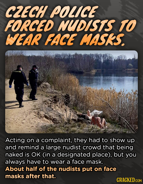 CZECH POLICE FORCED NUDISTS TO WEAR FACE MASKS. Acting on a complaint, they had to show up and remind a large nudist crowd that being naked is OK (in