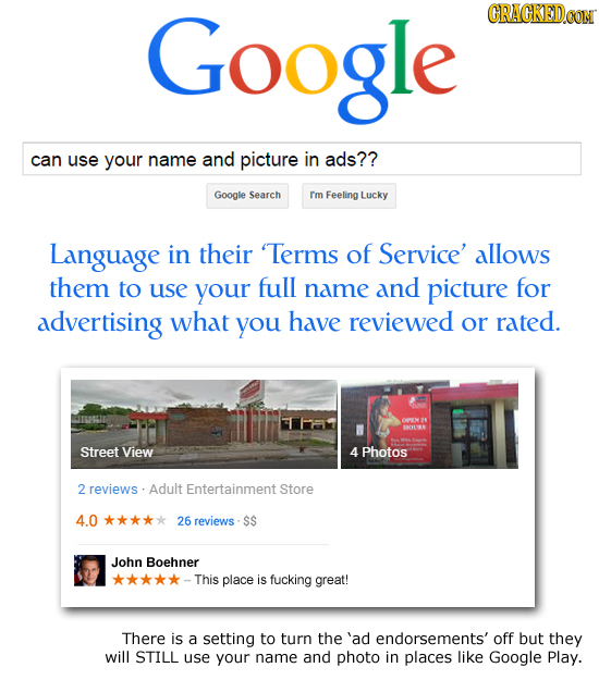 Google CRACKEDOON can use your name and picture in ads?? Google Search Im Feeling Lucky Language in their 'Terms of Service' allows them to use your f