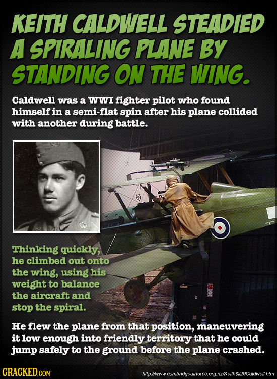 KEITH CALDWELL STEADIED A SPIRALING PLANE By STANDING ON THE WING. Caldwell was a WWI fighter pilot who found himself in a semi-flat spin after his pl