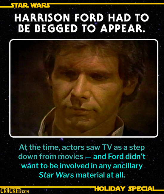 HARRISON FORD HAD TO BE BEGGED TO APPEAR.
At the time, actors thought of TV as a step down from movies, and Ford didn’t want to be involved with any a