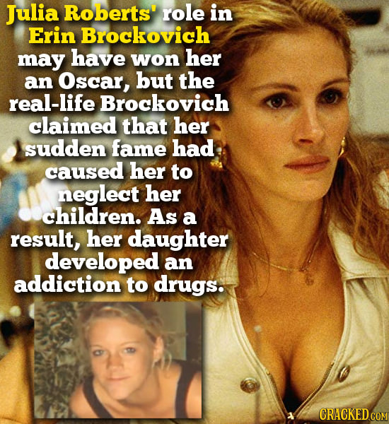 Julia Roberts' role in Erin Brockovich may have won her an Oscar, but the real-life Brockovich claimed that her sudden fame had caused her to neglect