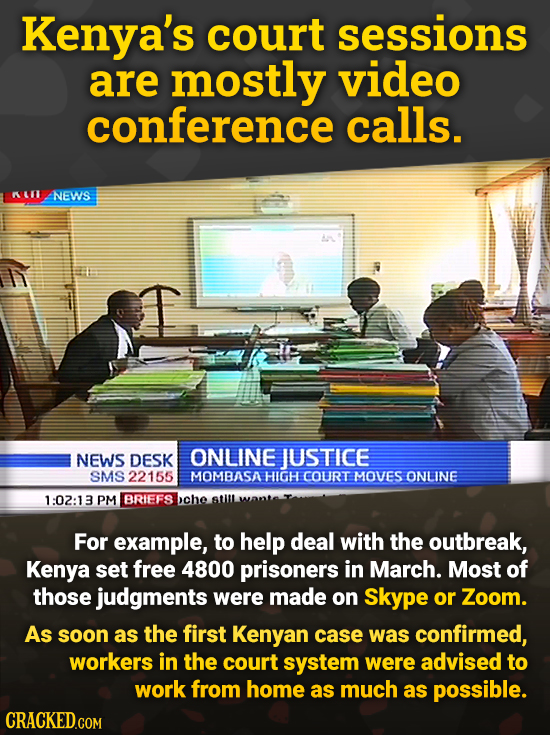 Kenya's court sessions are mostly video conference calls. I NEWS NEWS DESK ONLINE JUSTICE SMS 22155 MOMBASA HIGH COURT MOVES ONLINE 1:02:13 PM BRIEFS