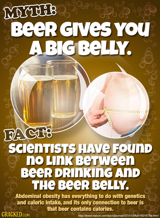 MYTH8 BeeR GIVES you ABIG BELLY. FAGT8 SCIENTISTS HAVE FouND no LINK beTween BeeR DRINKING And THE BeeR BELLY. Abdominal obesity has everything to do 