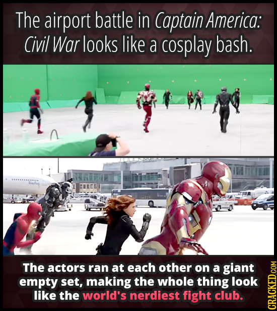 The airport battle in Captain America: Civil War looks like a cosplay bash. The actors ran at each other on a giant empty set, making the whole thing