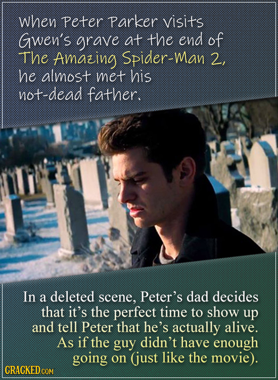 When peter Parker visits Gwen's grave at the end of The AMAZING Spider-man 2, he almost met his not-dead father. In deleted decides a scene, Peter's d
