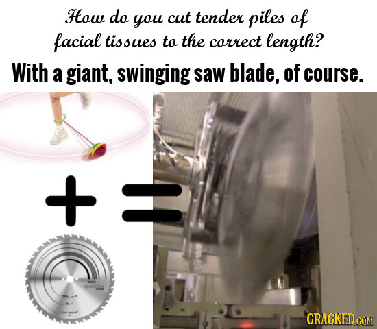 How do you cut tender piles of facial tissues to the correct length? With a giant, swiNgiNg saw blade, of course. + CRACKED COM