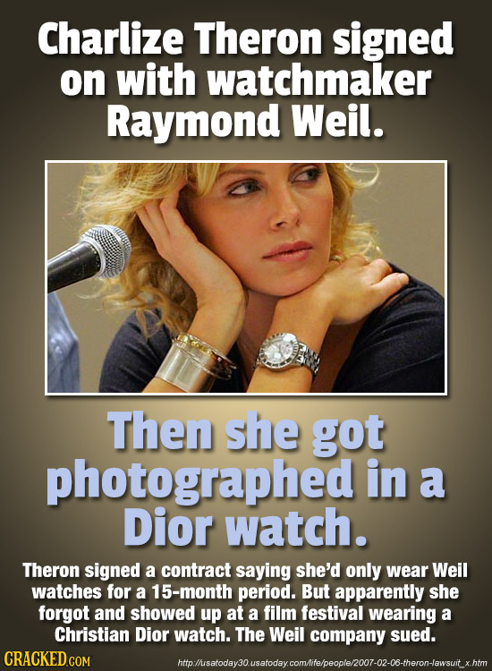 Charlize Theron signed on with watchmaker Raymond Weil. Then she got photographed in a Dior watch. Theron signed a contract saying she'd only wear Wei