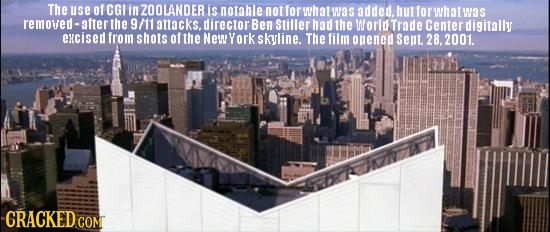 The use OfCGI in ZOOLANDER is notable noffor wh at Was added. hut for wh at removed-after the 9/11 attacks, director Ben Stiller had the World Trade C
