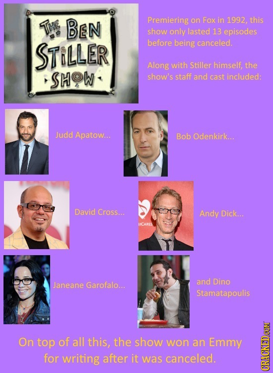 BEN Premiering on Fox in 1992, this THE show only lasted 13 episodes STILLER before being canceled. Along with Stiller himself, the ShoW show's staff