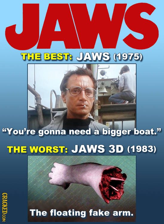 JAWS THE BEST: JAWS (1975) You're gonna need a bigger boat. THE WORST: JAWS 3D (1983) CRACKED COM The floating fake arm.