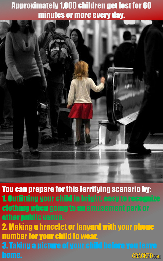 Approximately 1,000 children get lostfor 60 minutes or more every day. You can prepare for this terrifying scenario by: 1. Outfitting your child in br