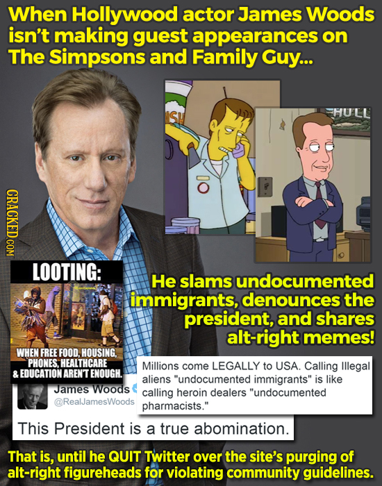 When Hollywood actor James Woods isn't making guest appearances on The Simpsons and Family Guy... HULL 00 CRACKED.COM LOOTING: He slams undocumented i