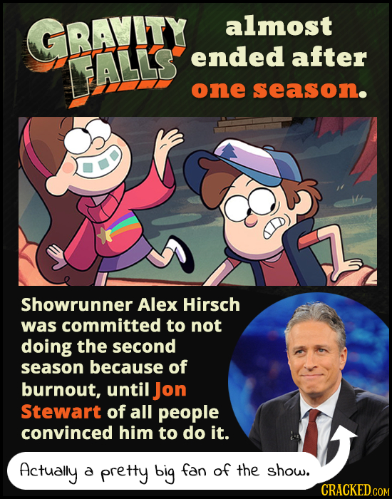 GRAYITY almost ALLS ended after one season. Showrunner Alex Hirsch was committed to not doing the second season because of burnout, until Jon Stewart