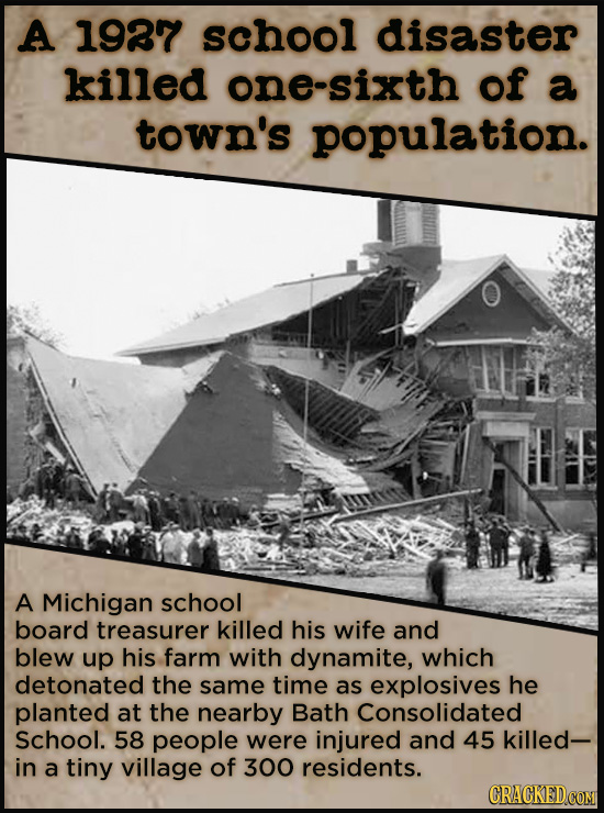 A 1937 school disaster killed one-sixth of a town's population. A Michigan school board treasurer killed his wife and blew up his farm with dynamite,
