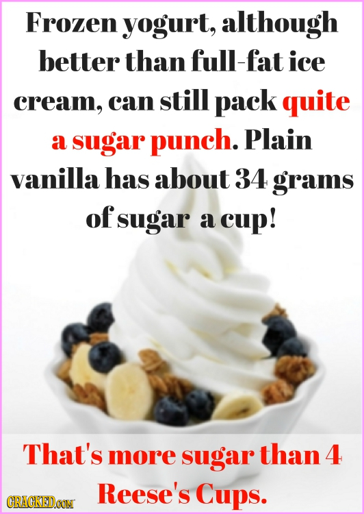 Frozen yogurt, although better than full-fat ice cream, can still pack quite a sugar punch. Plain vanilla has about 34 grams of sugar a cup! That's mo