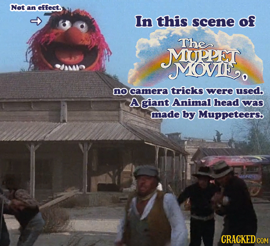Not an effect. In this scene of The MOPPET MOVOF, no camera tricks were used. A giant Animal head was made by Muppeteers. CRACKED COM