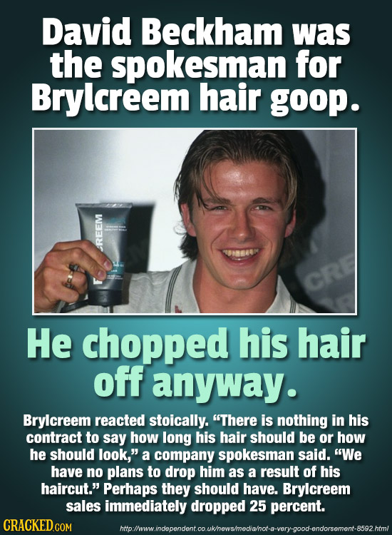 David Beckham was the spokesman for Brylcreem hair goop. REEM He chopped his hair off anyway. Brylcreem reacted stoically. There is nothing in his co