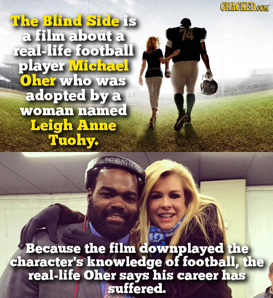 CRACKED CON The Blind Side is a film about a 74 real-life football player Michael Oher who was adopted by a woman named Leigh Anne Tuohy. IpIPaSo Beca