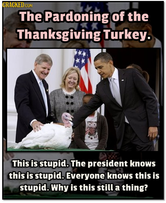 CRACKED COM The Pardoning of the Thanksgiving Turkey. This is stupid. The president knows this is stupid. Everyone knows this is stupid. Why is this s