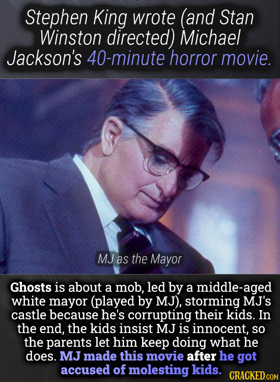 Stephen King wrote (and Stan Winston directed) Michael Jackson's 40-minute horror movie. MJ as the Mayor Ghosts is about a mob, led by a middle-aged w
