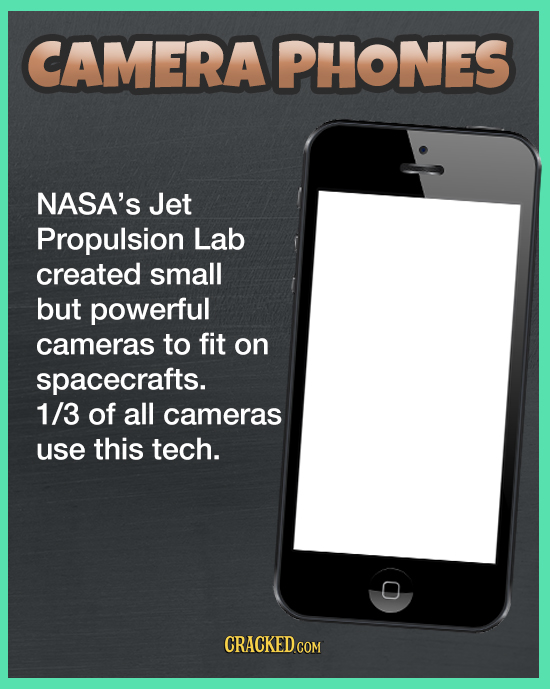 CAMERAPHONES NASA'S Jet Propulsion Lab created small but powerful cameras to fit on spacecrafts. 1/3 of all cameras use this tech. O CRACKED COM