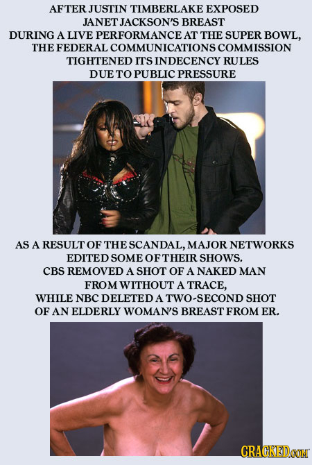 AFTER JUSTIN TIMBERLAK EXPOSED JANET. JACKSON'S BREAST DURING A LIVE PERFORMANCE AT THE SUPER BOWL, THE EFEDERALCOMMUNICATIONS COMMISSION TIGHTENED IT
